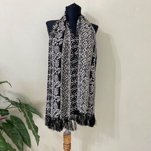 100 % SILK Mitra SCARF Women's 10”x 66” black /cream Rectangle Boho artsy print